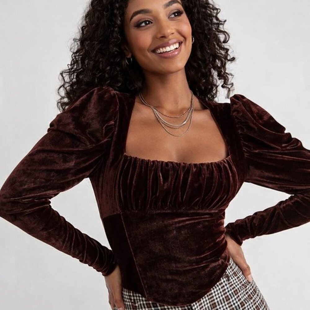 Free People Chocolate Brown Velvet Puff Sleeve Square Neck Corset Top Sz Medium